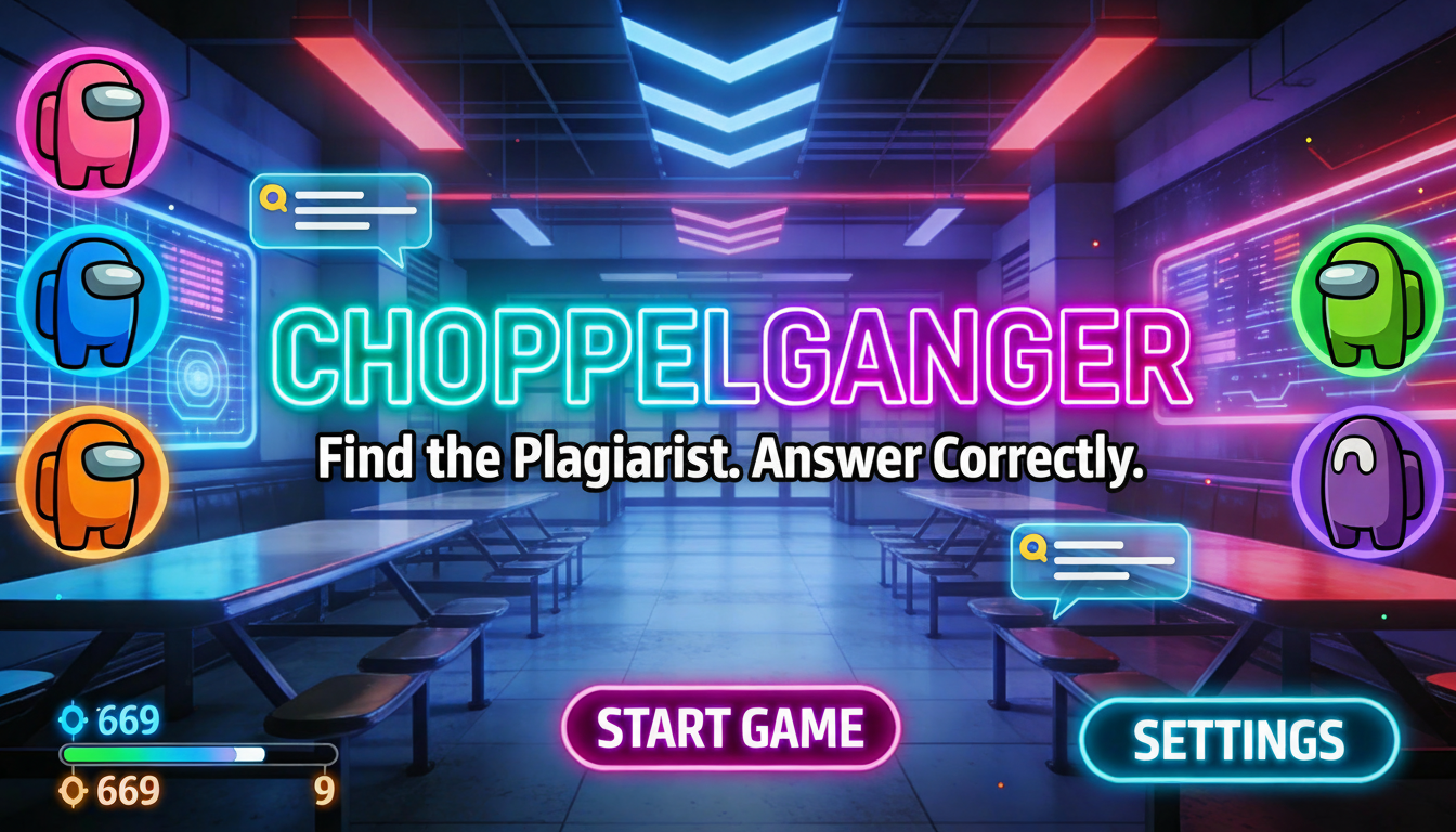 Choppelganger title screen with neon lettering and a futuristic classroom background